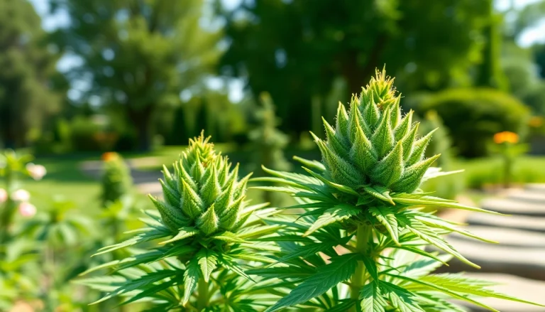 Showcase Mental Wellness CBD buds in a tranquil garden promoting relaxation and mental health.