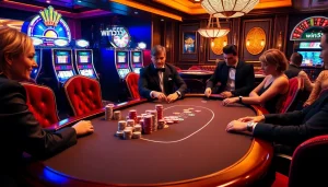 Enjoy exciting poker action at win55 in a luxurious casino setting with vibrant colors.