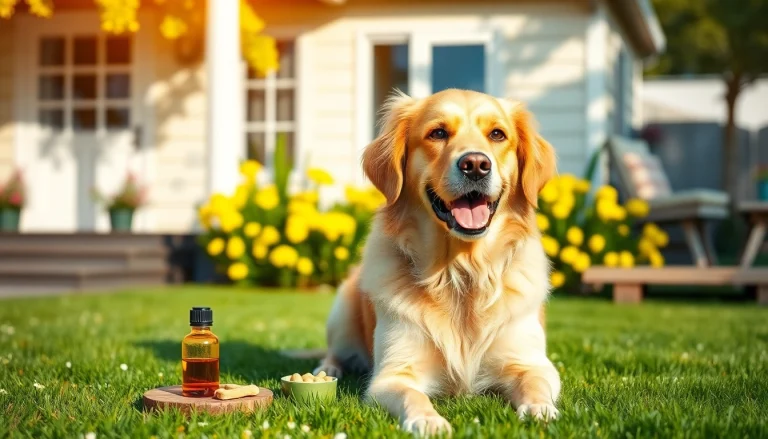 Golden retriever relaxing with CBD Oil For Dog in a sunny garden setting, embodying health and happiness.