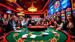 Gamble at Babu88.global with engaged players at poker and roulette tables in a vibrant casino.