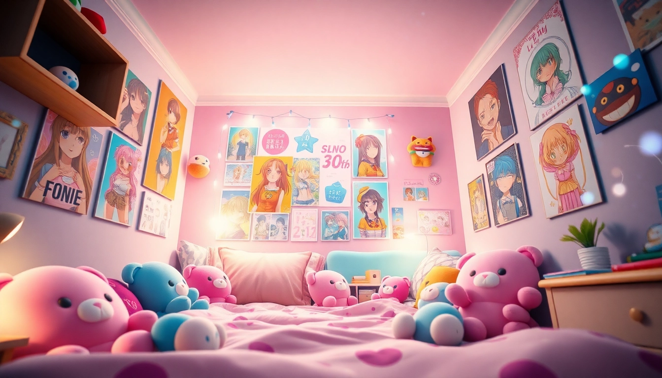 Anime sex-themed plush toys and decorations in a vibrant, cozy room.