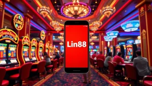 Engage with Link New88 as players enjoy a thrilling casino atmosphere of slot machines and roulette wheels.