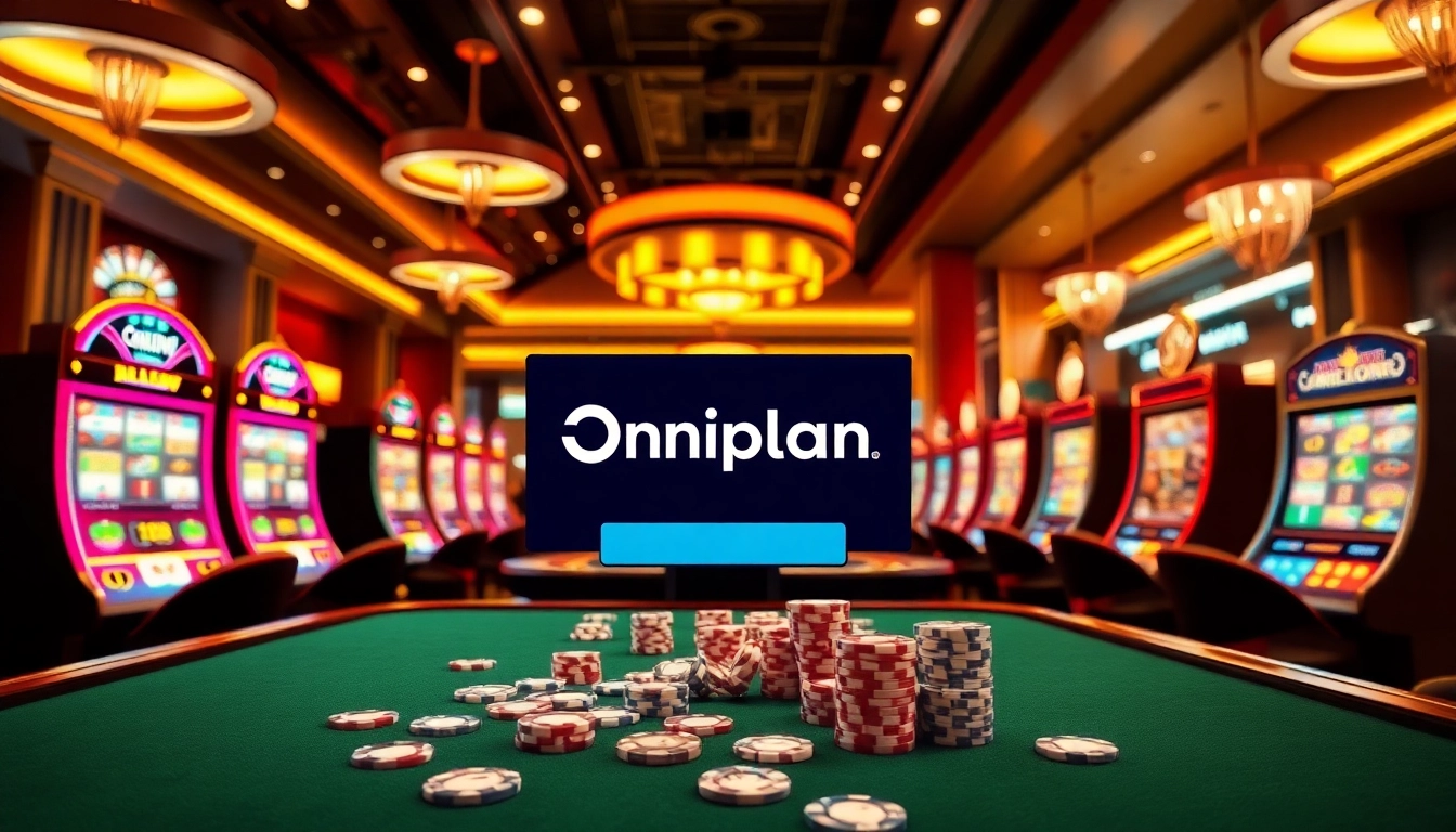 Experience a thrilling Onicplay login moment with vibrant slot machines and glamorous casino settings.