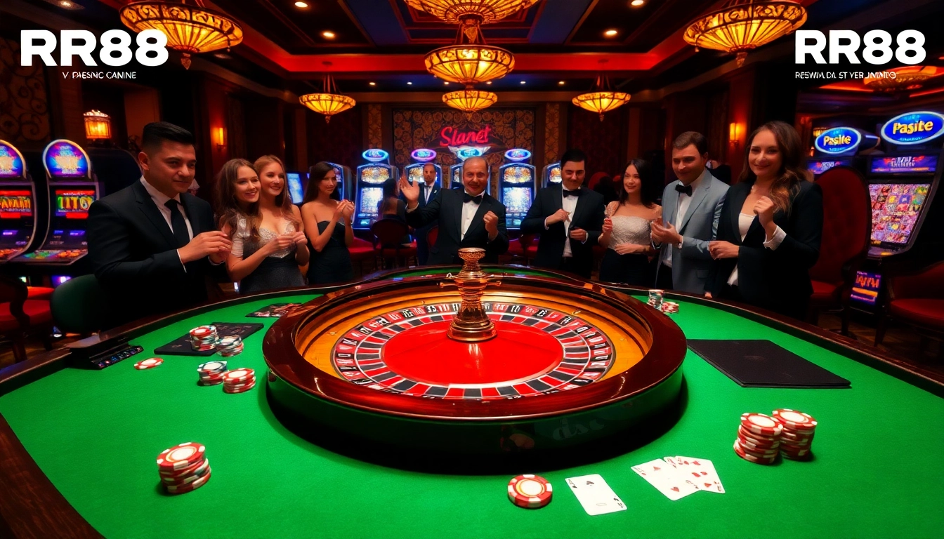 Players engaging in an exciting roulette game at RR88 casino with vibrant chips and cards.