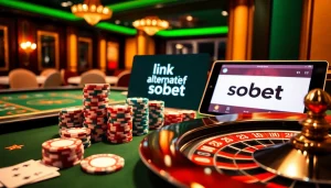 Exciting table at a casino featuring link alternatif sbobet on a digital display, vibrant poker chips, and cards.