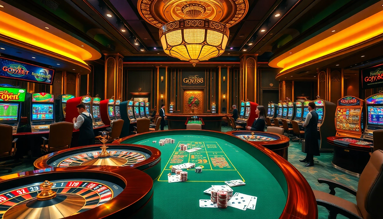 Engaging scene showcasing gambling with Gopay88 casino tables, vibrant chips, and spinning roulette wheels.