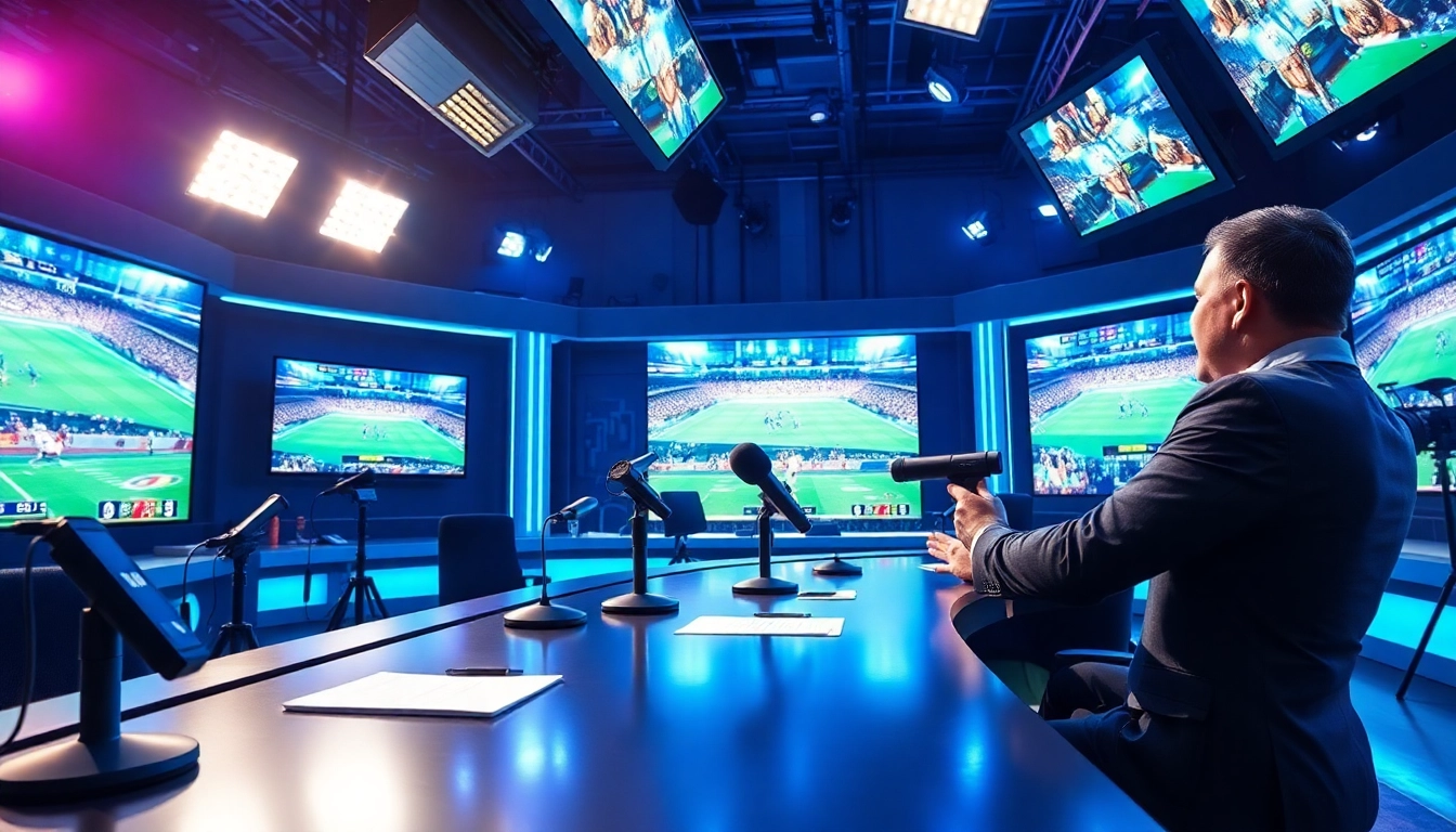 Captivating sports broadcasting scene featuring hosts and live sports feeds.