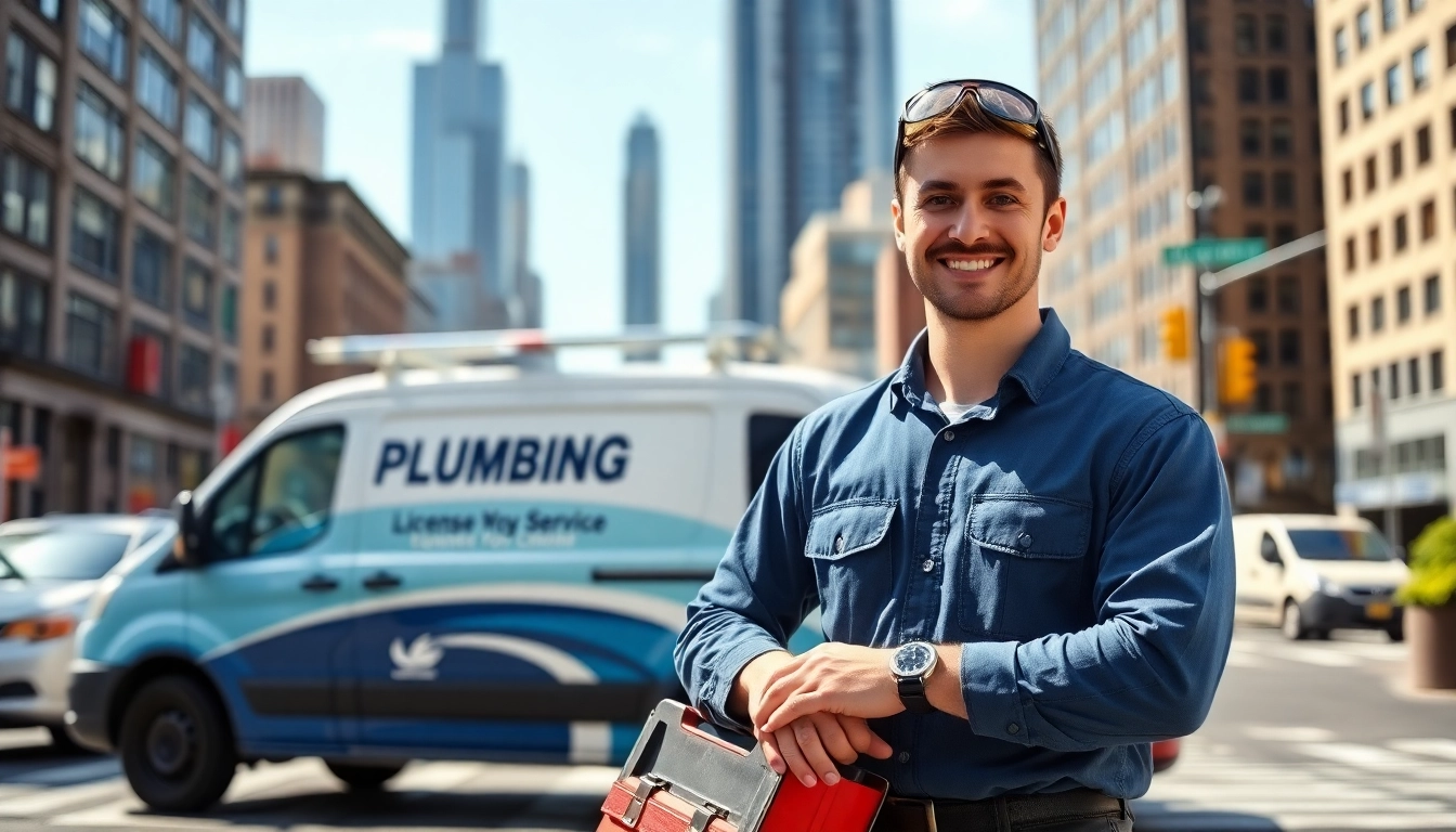 NYC emergency plumber & sewer expert with toolbox in front of plumbing van, showcasing reliability.