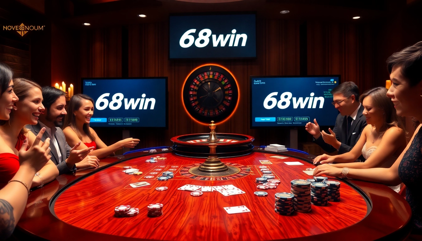 Excited players engaging in poker at a luxurious 68win casino table.