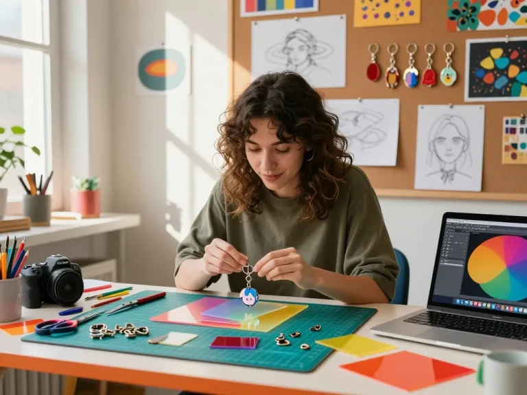Custom keychain crafting scene, showcasing vibrant designs and creative workspace elements.