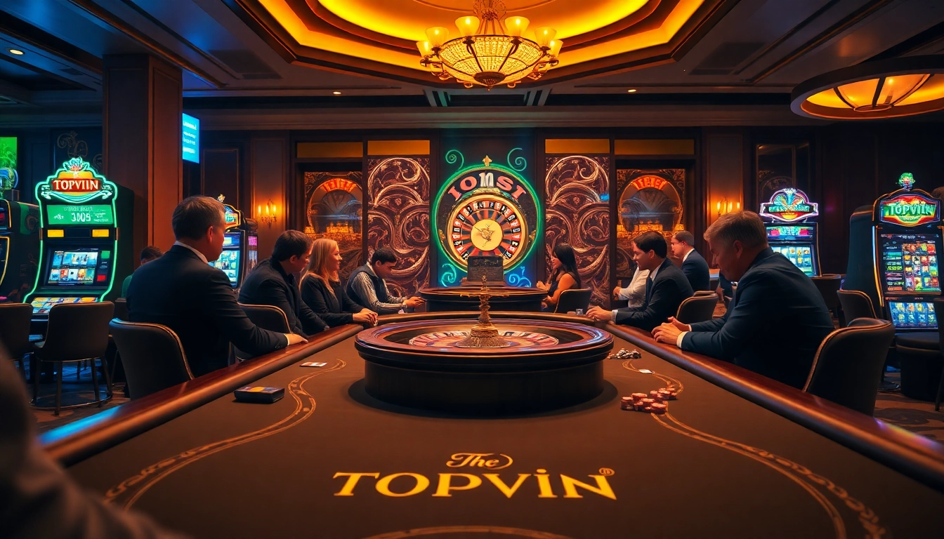 Topvin gaming table in an upscale casino with vibrant atmosphere and excited players.
