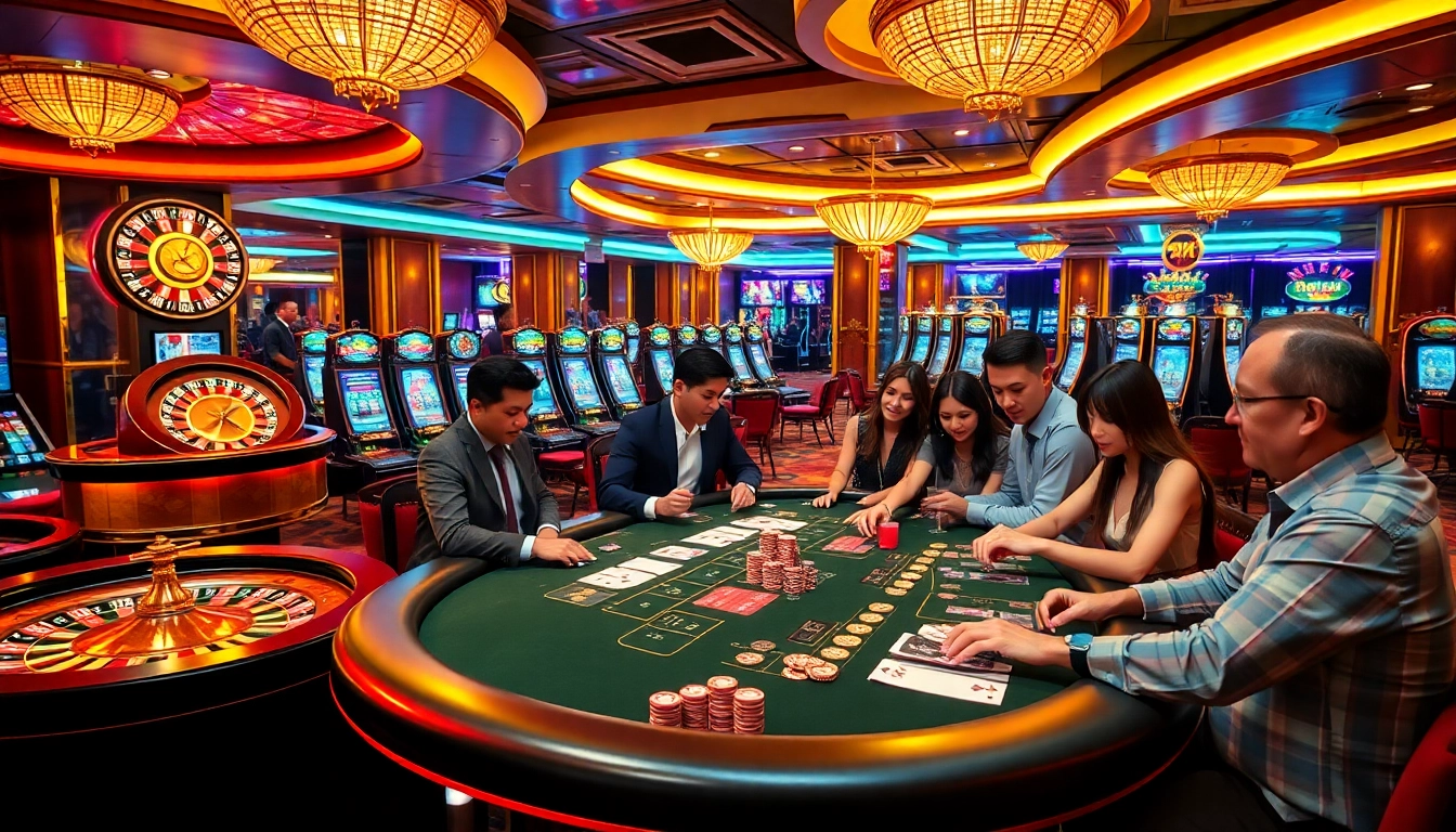 88vv players experiencing excitement at a bustling casino table game with vibrant decor.