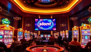 Engaging players enjoying the pg slot demo at a vibrant casino, surrounded by excitement and casino elements.