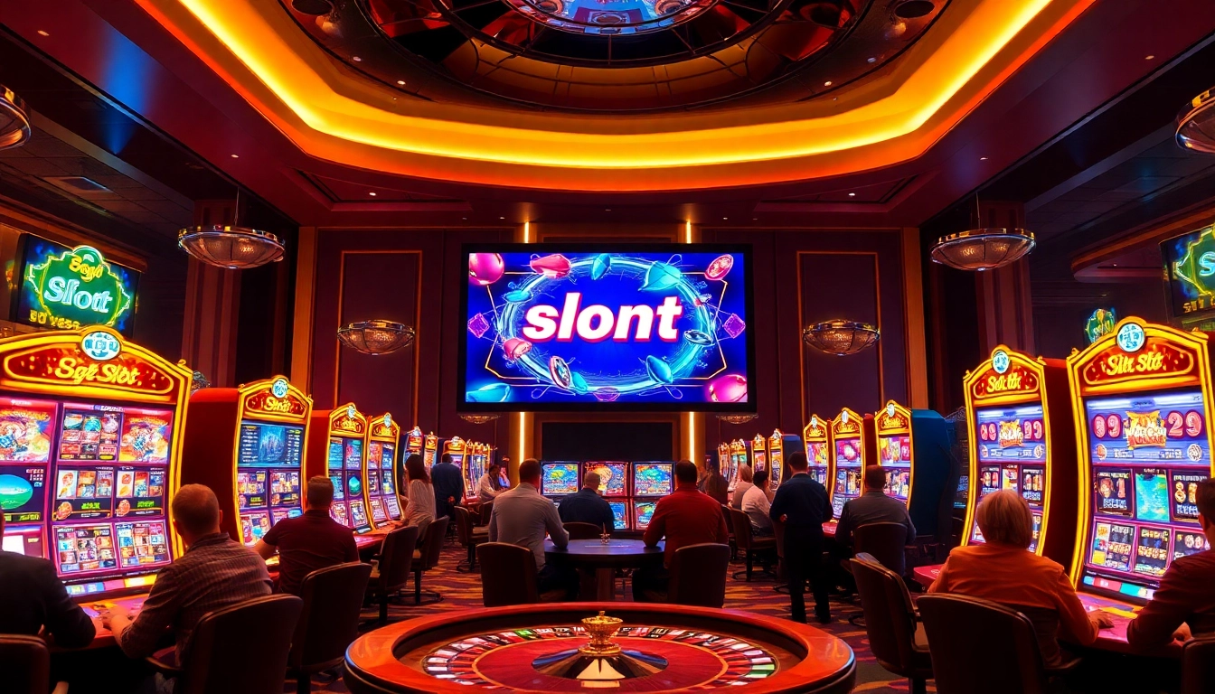 Engaging players enjoying the pg slot demo at a vibrant casino, surrounded by excitement and casino elements.