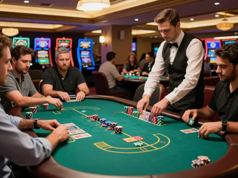 Players engaged in dynamic blackjack gameplay at a casino table showcasing strategic S8 betting and vibrant casino atmosphere