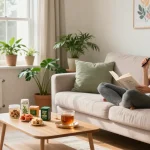 Properloud THC vape pen in a cozy living room, showcasing a natural wellness atmosphere with hemp edibles and yoga mat.