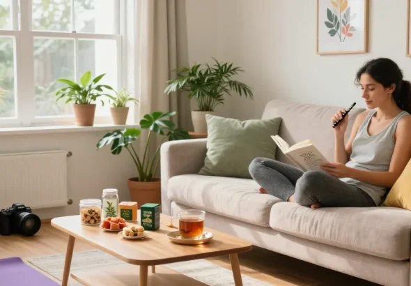 Properloud THC vape pen in a cozy living room, showcasing a natural wellness atmosphere with hemp edibles and yoga mat.